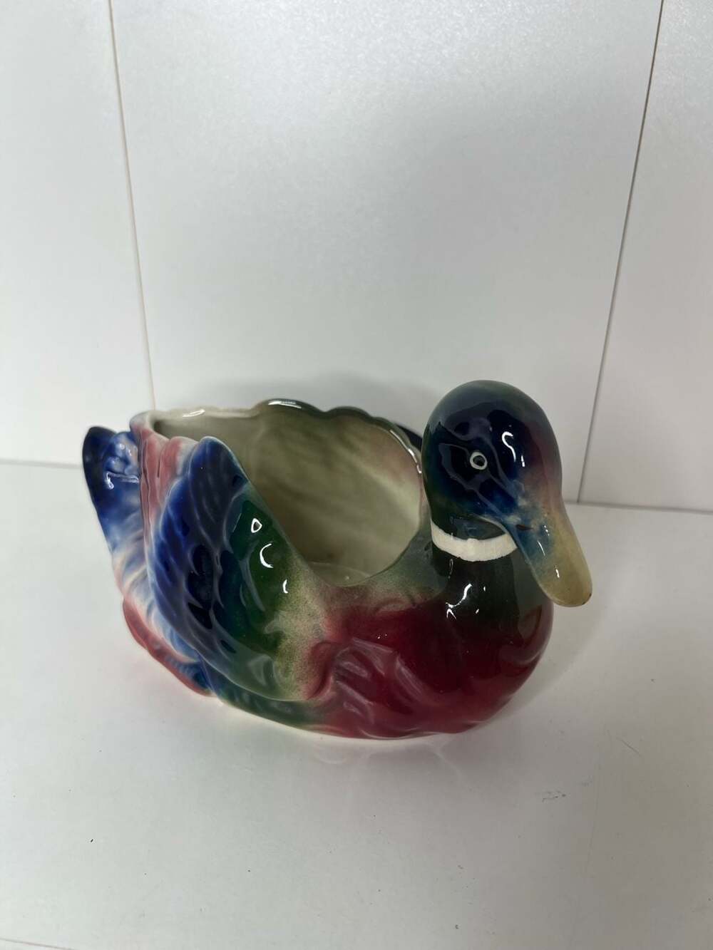 Vintage Colorful Pottery Mallard Duck Planter ~ Vase ~ Figurine ~ Cabin Decor